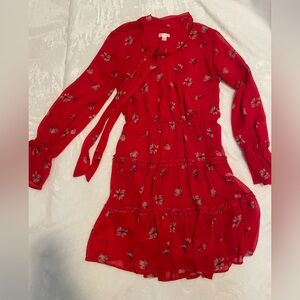 Red Floral Dress with Long, Sheer Sleeves and Collar Tie Detail